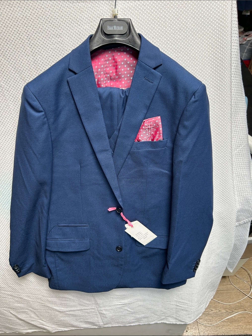 Boy’s 2 button Navy Birdseye 3 piece suit by Isaac Mizrahi. Size 20. NWT